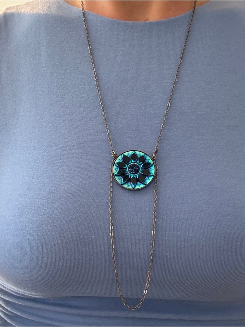 Sabika Aqua & Teal Sunburst Pendant Double Chain Necklace